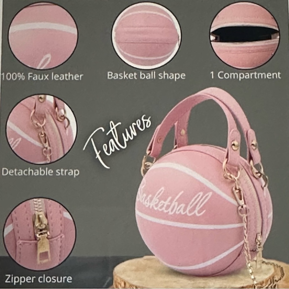 PINK FAUX LEATHER BASKET BALL SHAPED CROSSBODY BAG💕 - Picture 2 of 3